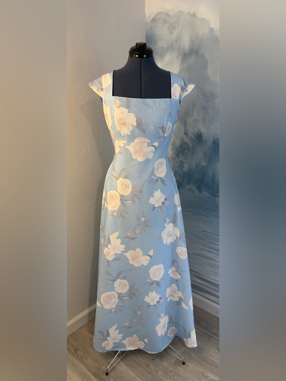 Women's Light Blue Floral A-Line Dress #302